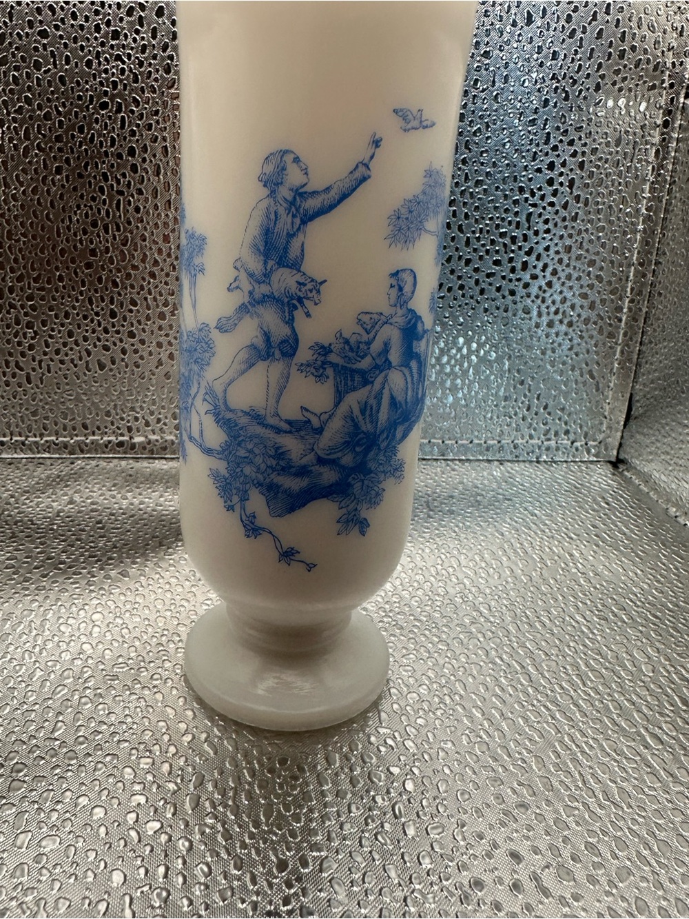 C8 Classic White Milk Glass Vase with Blue Transferware Motif
